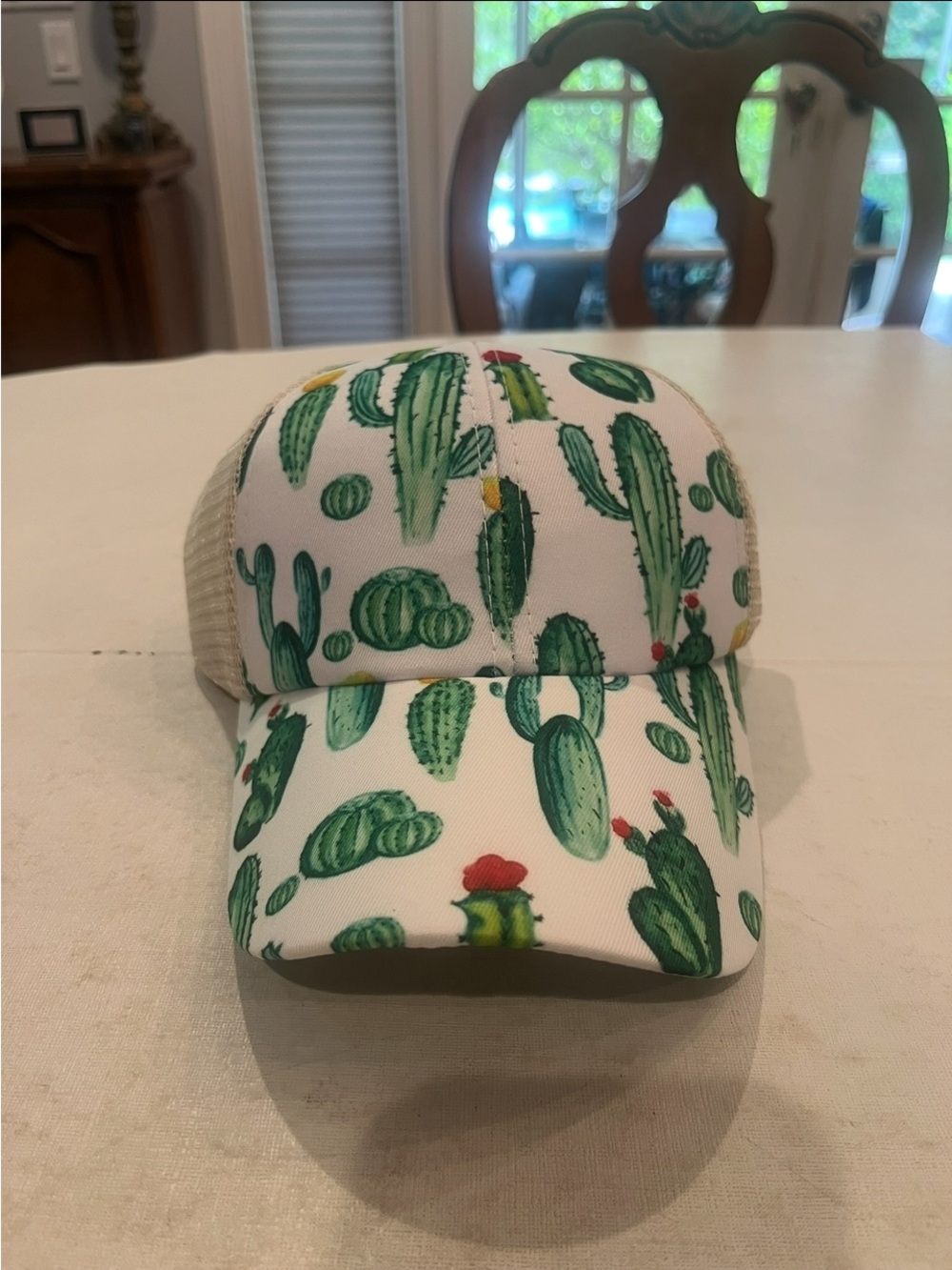 White & Green Cactus Print Trucker Hat with ponytail space. New! - Picture 1 of 7